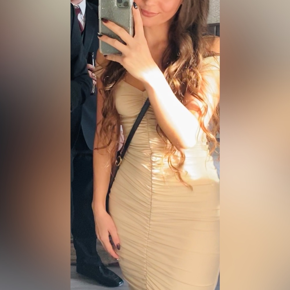 Elegant Beige Ruched Dress